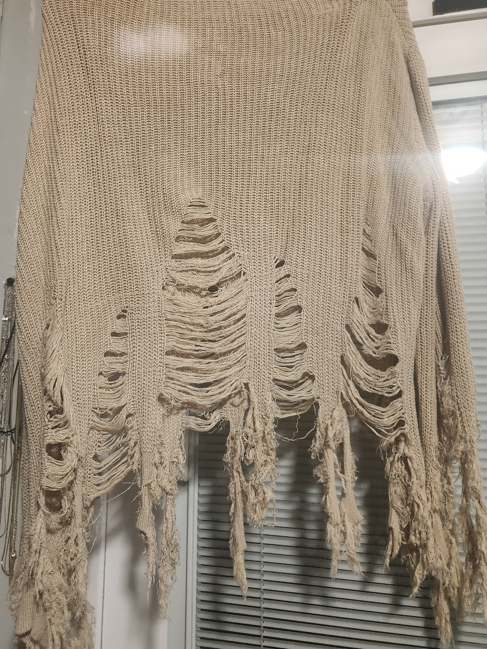 Women’s Distressed Scoop Neck Sweater in Beige